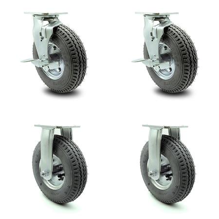 Service Caster 8 Inch Gray Pneumatic Wheel Caster Swivel with Brake Swivel Lock 2 Rigid, 2PK SCC-100S280-PNB-GRY-TLB-BSL-2-R-2